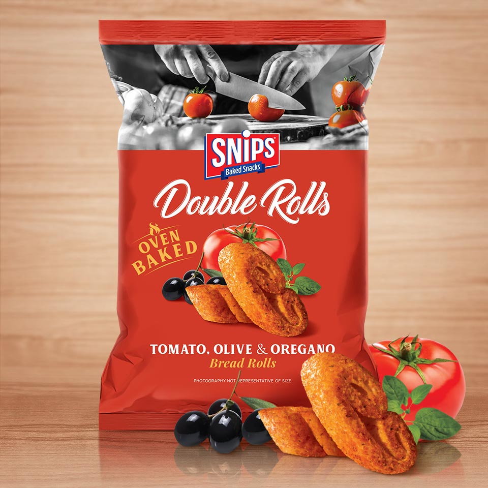 A bag of SNIPS Double Rolls - Tomato, Olive & Oregano