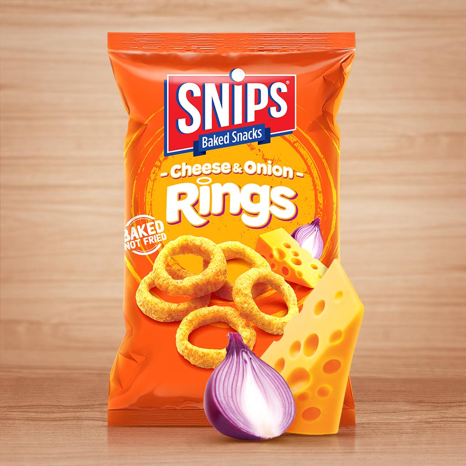 A bag of SNIPS Cheese & Onion Rings