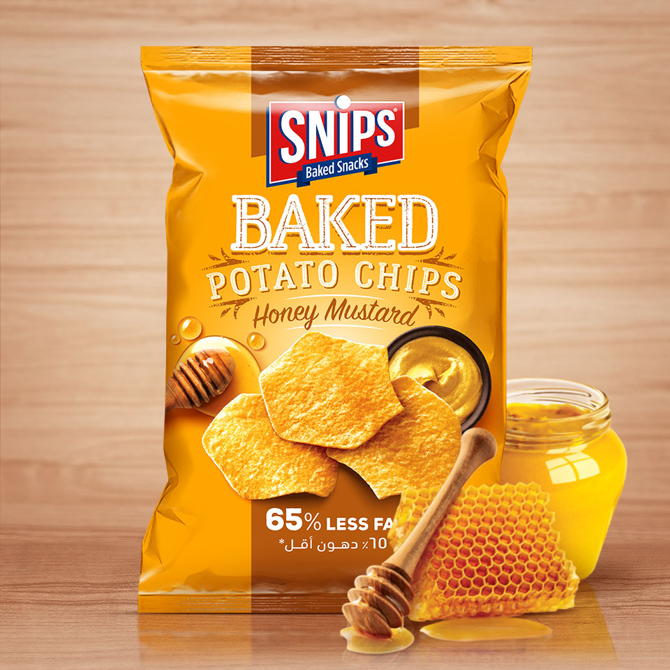 A bag of SNIPS Baked Potato Chips - Honey Mustard