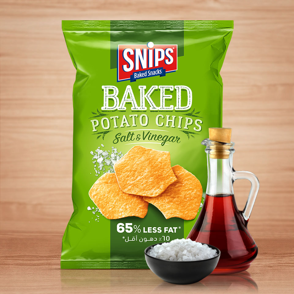 A bag of SNIPS Baked Potato Chips - Salt & Vinegar
