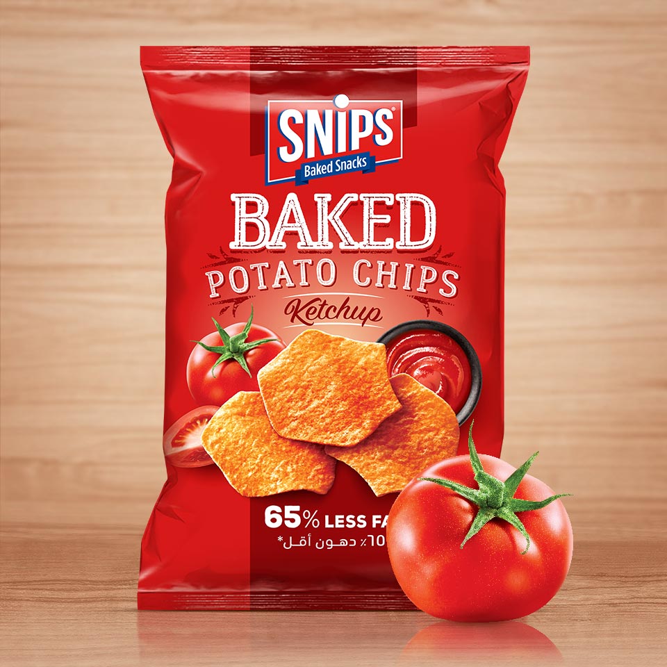 A bag of SNIPS Baked Potato Chips - Ketchup