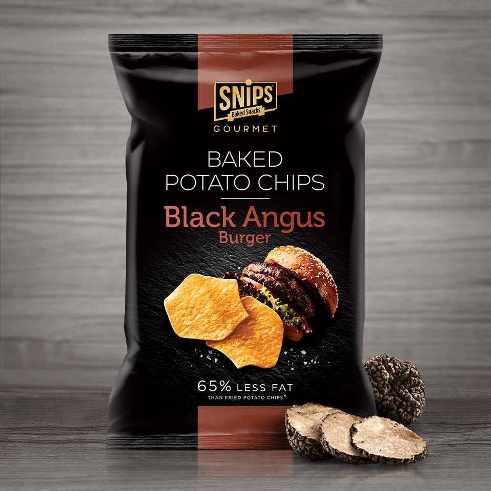 A bag of Snips Gourmet - Black Angus Burger Baked Potato Chips
