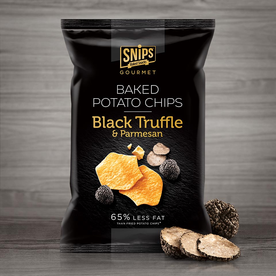 A bag of Snips Gourmet - Black Truffle & Parmesan Baked Potato Chips
