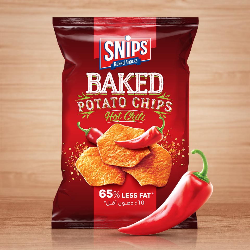 A bag of SNIPS Baked Potato Chips - Hot Chili