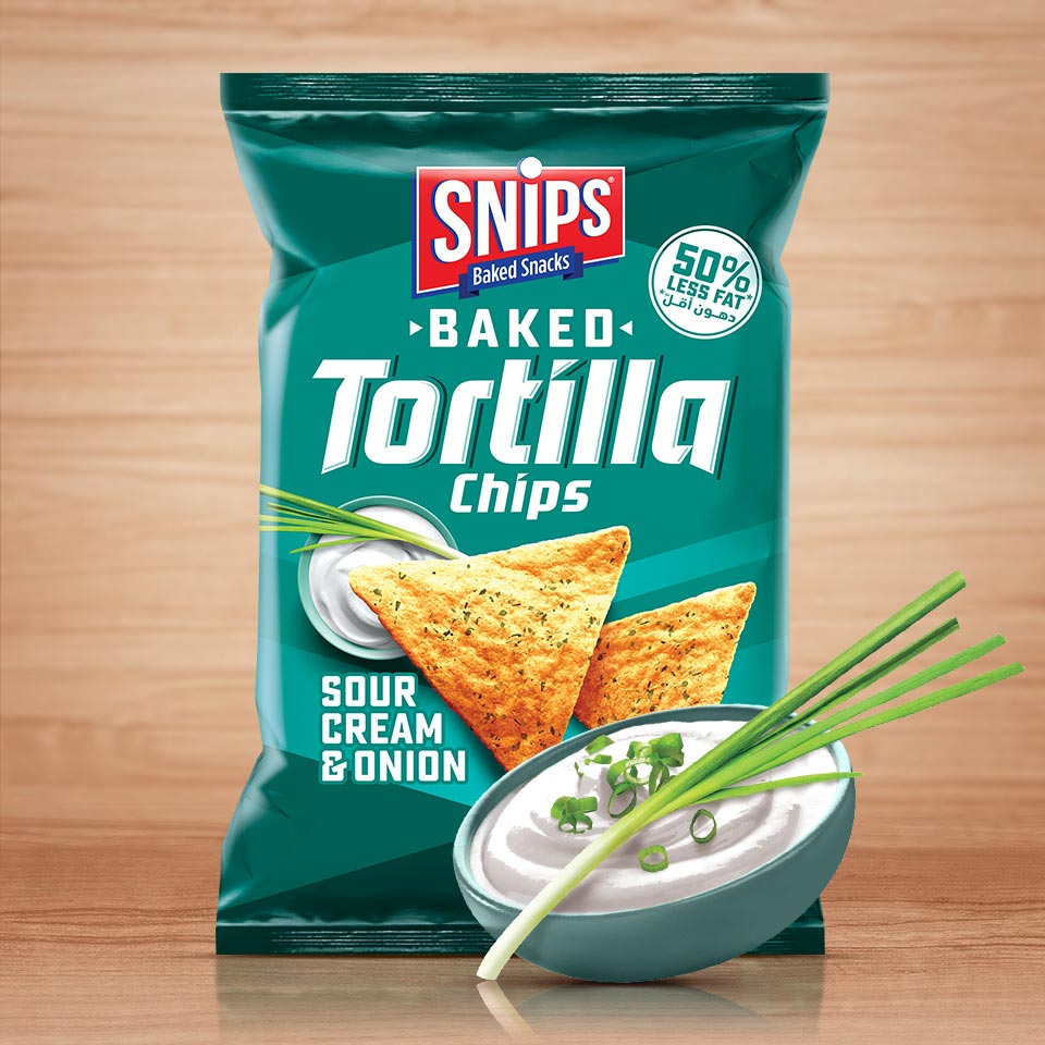 A bag of SNIPS Baked Tortilla Chips - Sour Cream & Onion